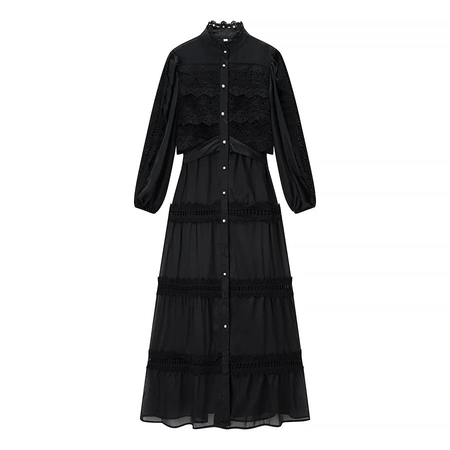 Damen romantisches Maxikleid mit Stehkragen, Knopfleiste und gehäkelten Spitzeneinsätzen – Valéora