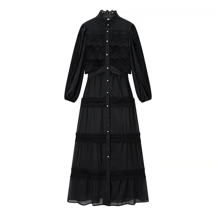 Damen romantisches Maxikleid mit Stehkragen, Knopfleiste und gehäkelten Spitzeneinsätzen – Valéora