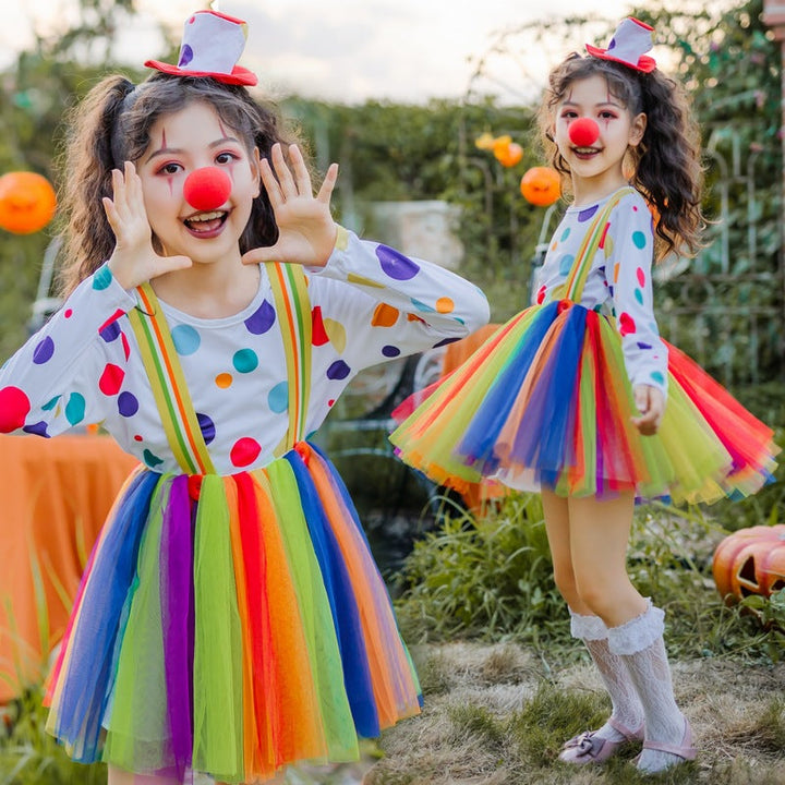 Mädchen Clownkostüm mit bunten Punkten und Tüllrock Echo Archiv