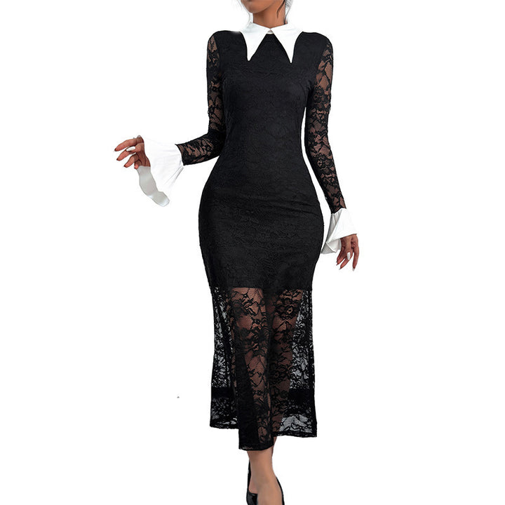 Damen Elegantes Spitzenkleid mit Kontrastkragen Echo Archiv
