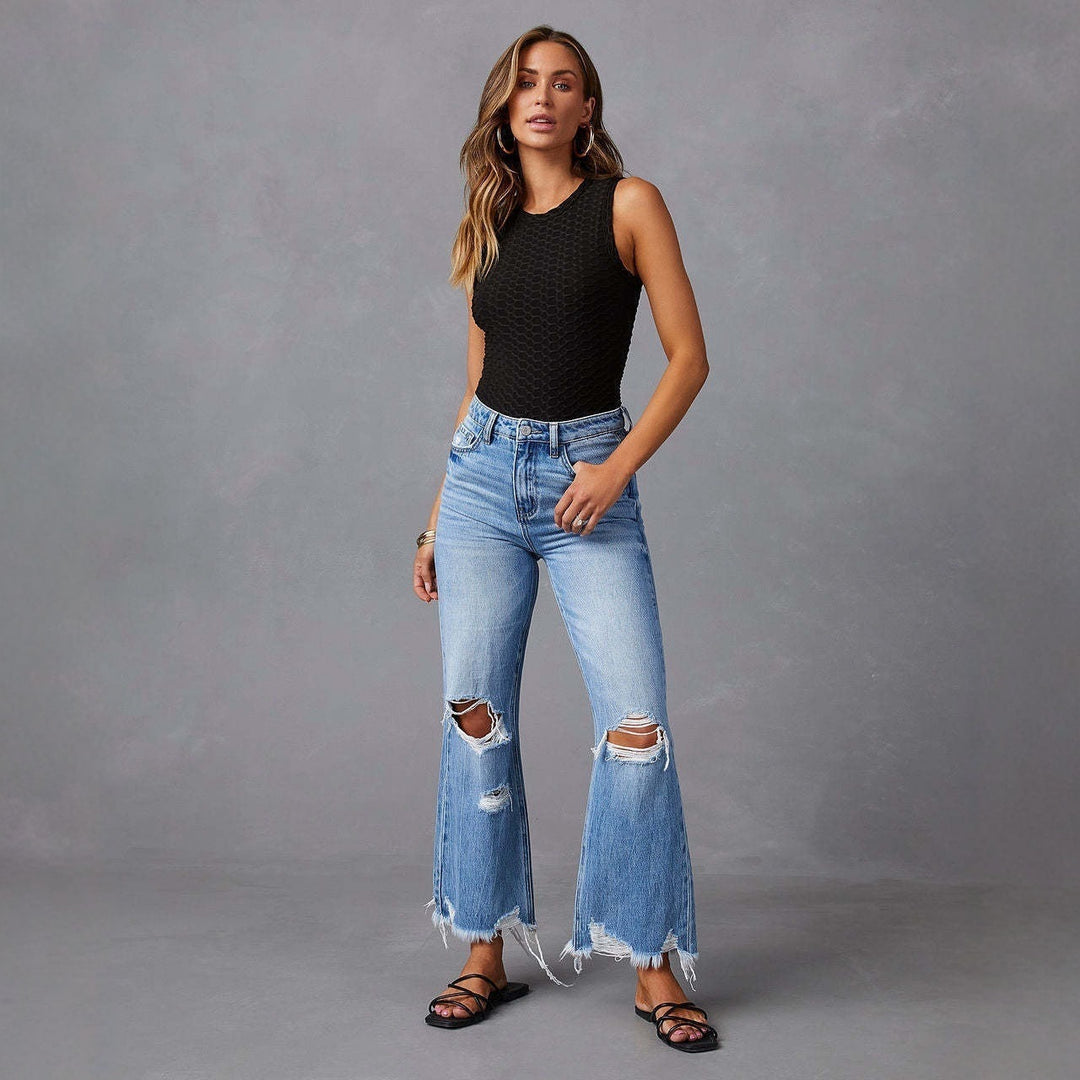 Damen nan hochgeschnittene ausgestellte Destroyed-Jeans mit Knieausfransungen und rohem Saum Echo Archiv