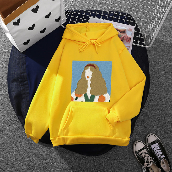 Damen Kapuzenpullover mit kunstvoller Chenille-Stickerei im Portraitstil und Kängurutasche – Auréline