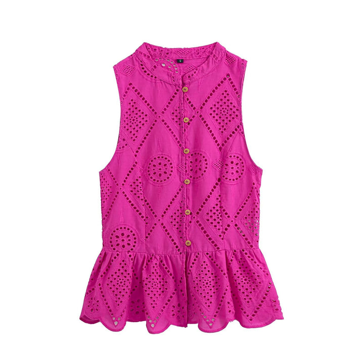 Damen Ärmelloses Baumwoll-Broderie Kleid mit Stehkragen, Knopfleiste und Stufenvolant Echoarchiv