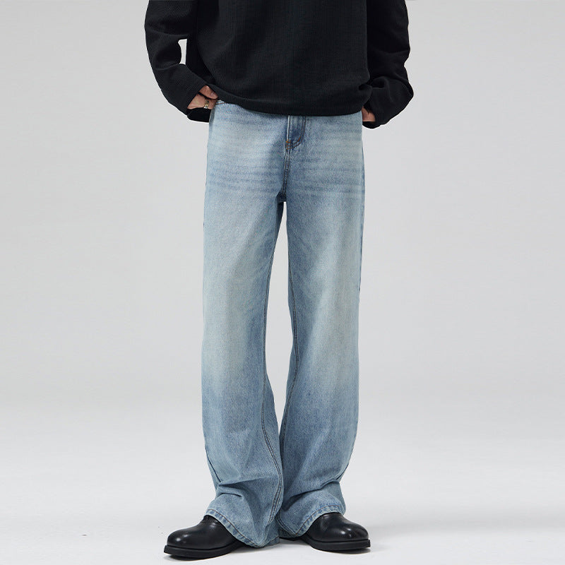 Herren Leicht verwaschene Ultraweite Denim-Marlenehose mit bodenlangem Saum Echo Archiv
