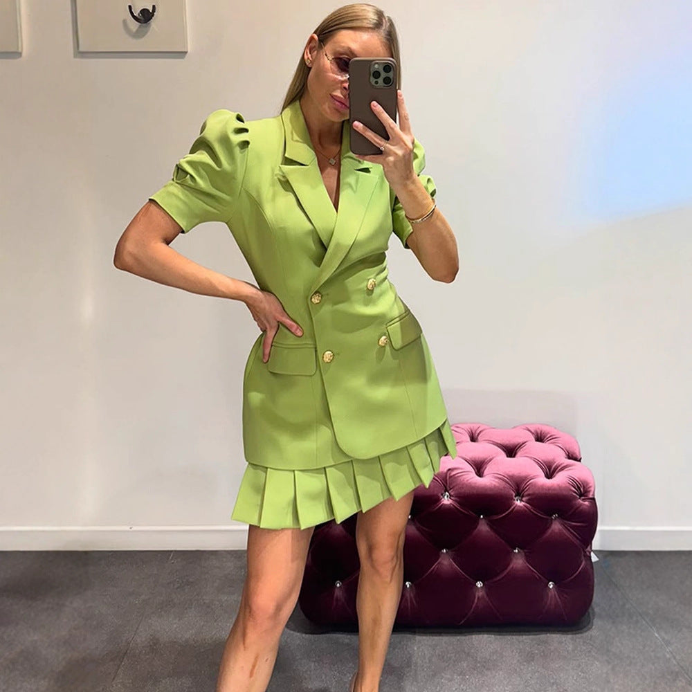 Damen Doppelreihiges Blazerkleid mit Puffärmeln und plissiertem Saum Echoarchiv