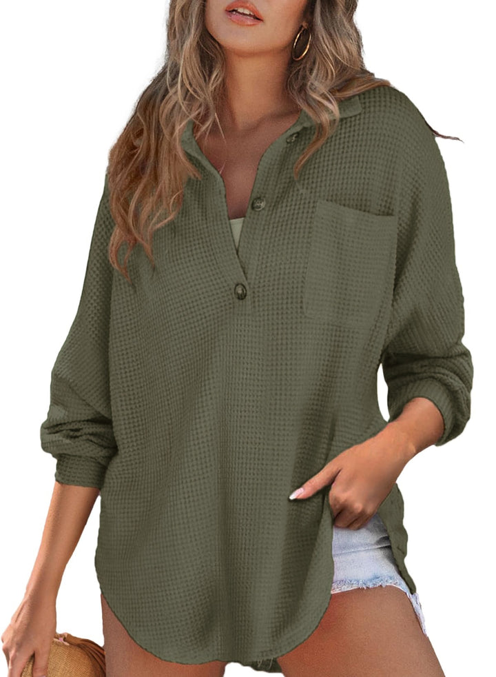 Damen Oversize Waffelstrick-Hemdbluse mit Kentkragen, Brusttasche und gerundetem Saum Echo Archiv