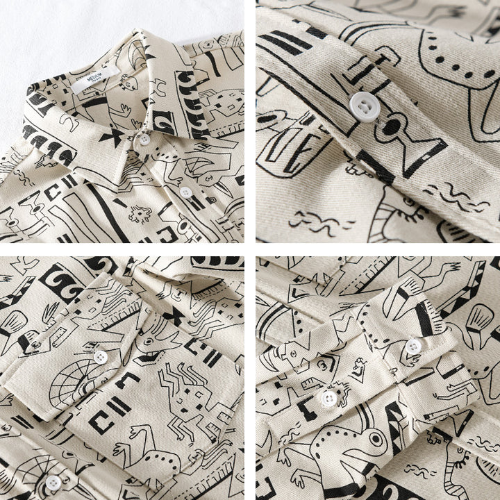 Herren Leichtes Baumwoll-Overshirt mit künstlerischem Linien-Print und doppelter Brusttasche Echoarchiv