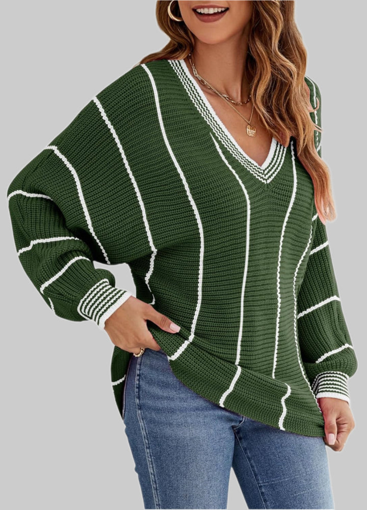 Damen Cropped Strickpullover mit V-Ausschnitt, Waffelstruktur und kontrastierenden Streifen – Mavelle