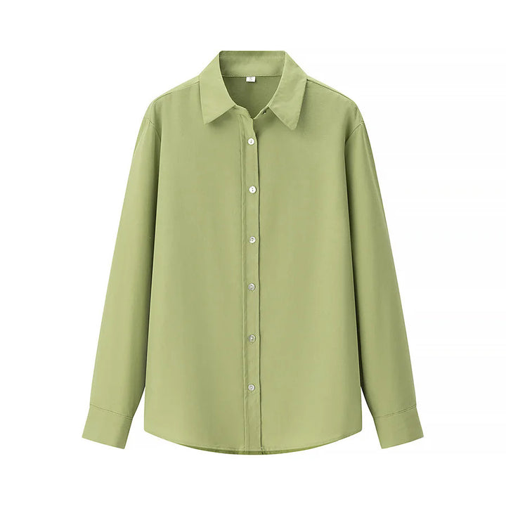 Damen lässige oversized Boyfriend-Bluse mit Hemdkragen, verdeckter Knopfleiste und abgerundetem Saum – Élovi