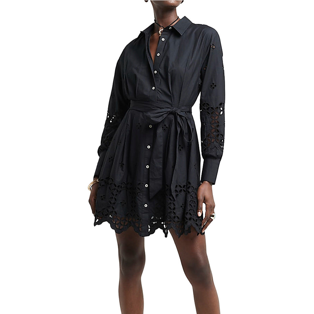 Damen Hemdblusenkleid mit Lochstickerei und Taillengürtel – Avérine