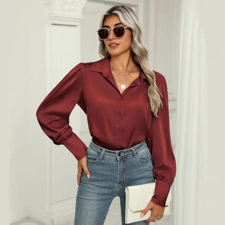 Damen Seidenoptik-Bluse mit Hemdkragen, verdeckter Knopfleiste und langen Manschetten – Élovi