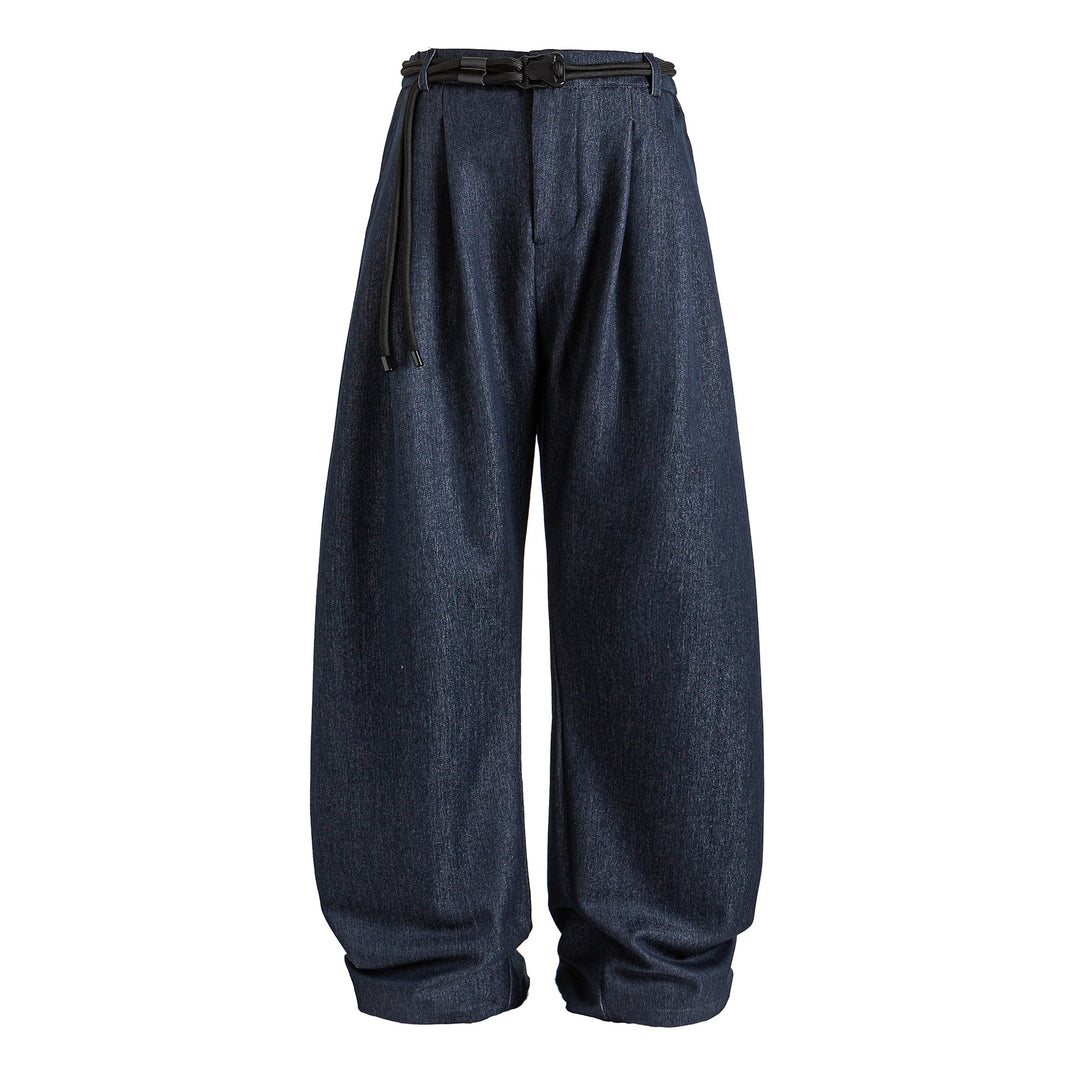 Damen Weite hochtaillierte Jeanshose mit Bundfalten, Kordelgürtel und Culotte-Schnitt Echoarchiv
