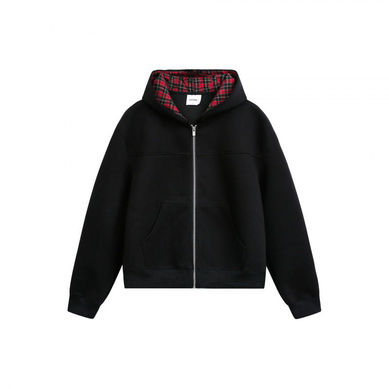 Damen Boxy-Kapuzen-Sweatjacke mit durchgehendem Reißverschluss, kariert gefütterter Kapuze und Kängurutaschen Echo Archiv