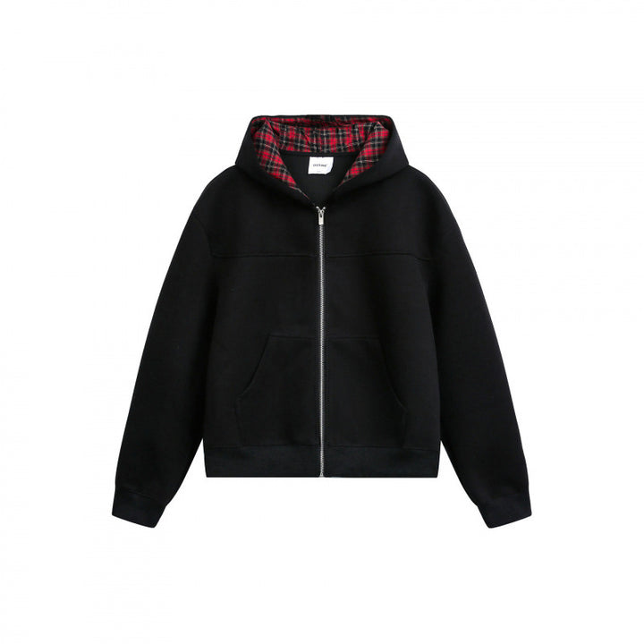 Damen Boxy-Kapuzen-Sweatjacke mit durchgehendem Reißverschluss, kariert gefütterter Kapuze und Kängurutaschen Echo Archiv