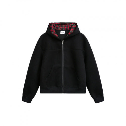 Damen Boxy-Kapuzen-Sweatjacke mit durchgehendem Reißverschluss, kariert gefütterter Kapuze und Kängurutaschen Echo Archiv