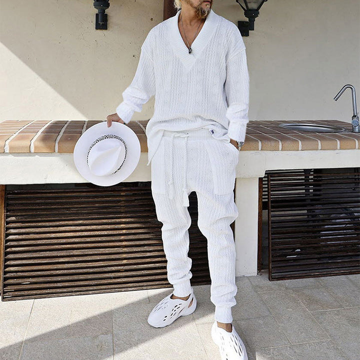 Herren Strukturiertes Strick-Loungewear-Set mit V-Ausschnitt und Tunnelzug-Jogginghose – Norvane
