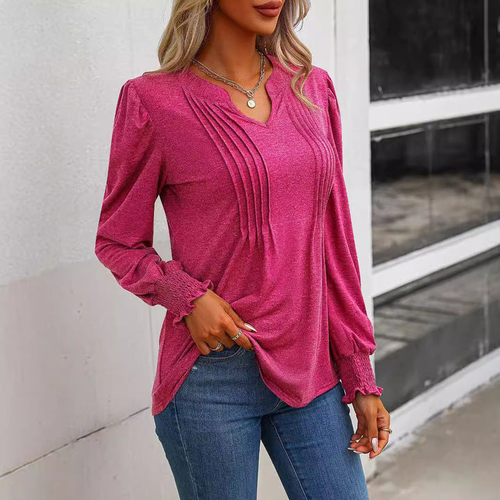 Damen nan Langarmshirt mit V-Ausschnitt, dekorativen Kellerfalten vorn und elastischen Smokbündchen Echo Archiv