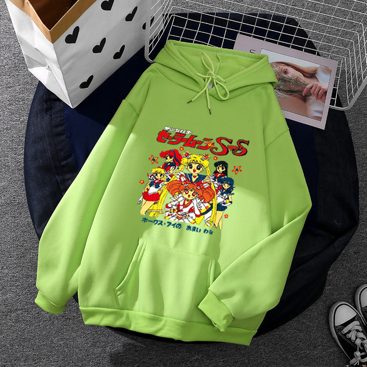 Damen Oversize-Kapuzenpullover mit gerautem Fleecefutter, Retro‑Anime‑Print und Kängurutasche – Auréline