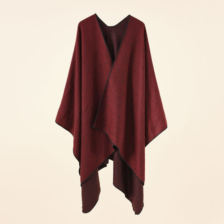 Damen Feinstrick-Poncho im Kaftan-Stil mit kontrastierter Kantenpaspel Echo Archiv