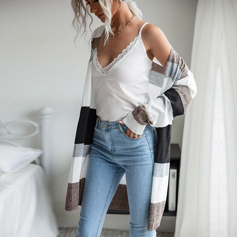 Damen Langer Offener Strickcardigan mit Blockstreifen, Leichtem Fall und Eingrifftaschen Echoarchiv