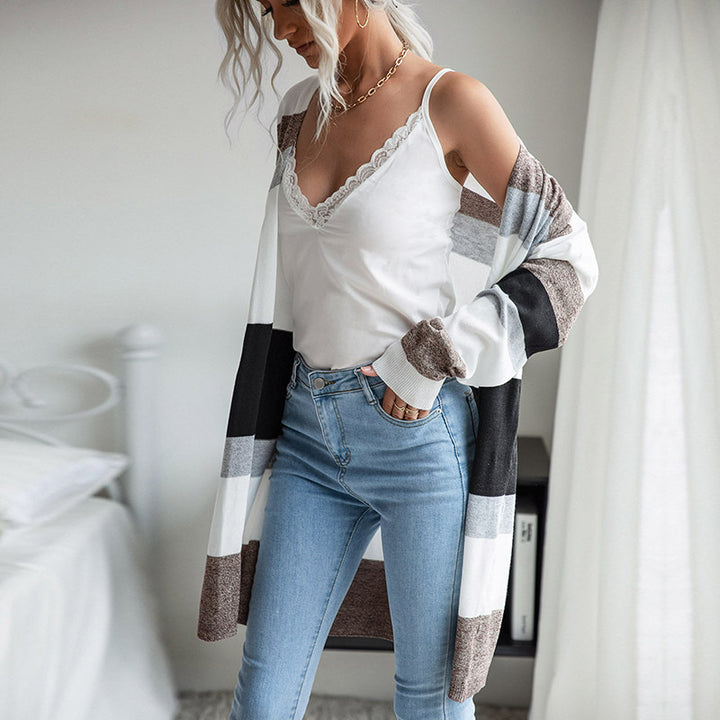 Damen Langer Offener Strickcardigan mit Blockstreifen, Leichtem Fall und Eingrifftaschen Echoarchiv