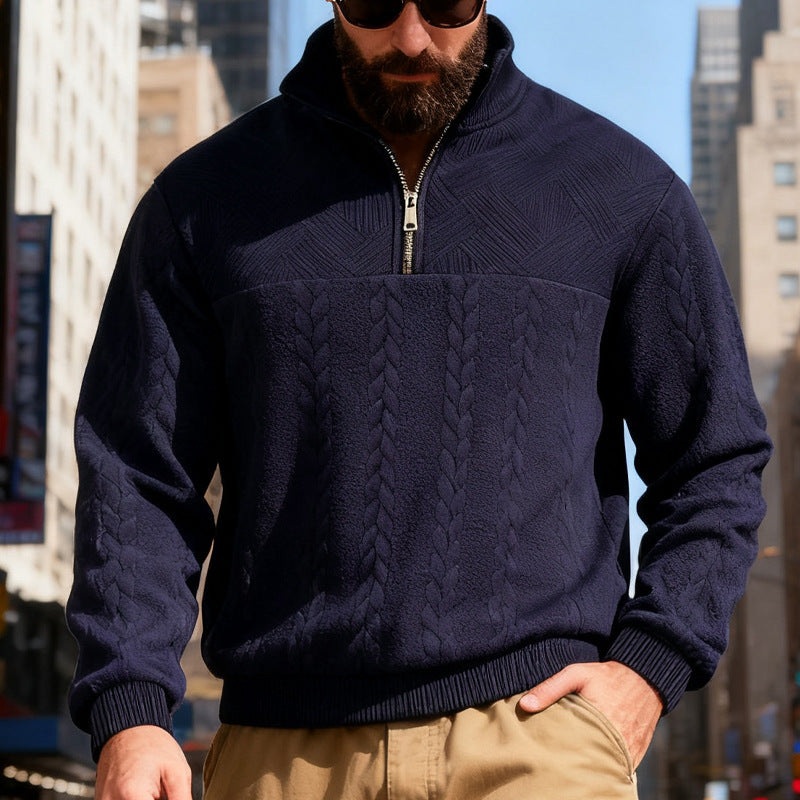 Herren Fleece-Pullover mit halbem Reißverschluss und strukturiertem Muster Echoarchiv