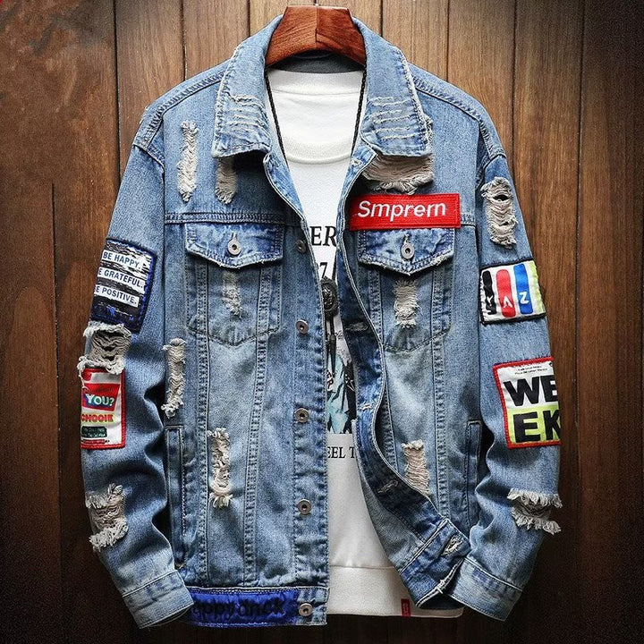 Herren Lässige Denimjacke mit kreativen Patches Echoarchiv