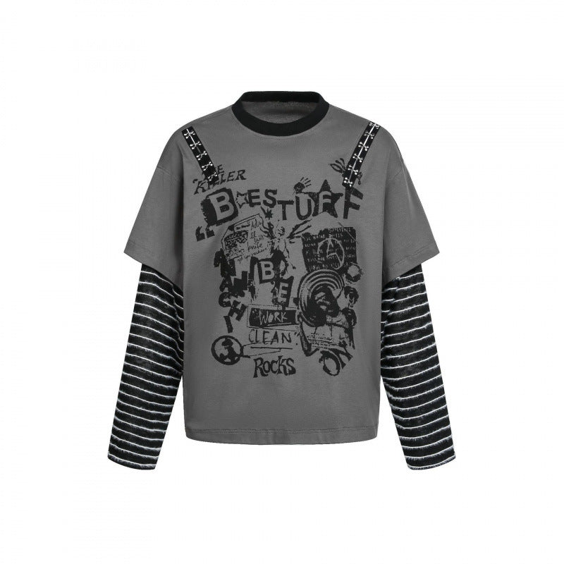 Damen Lagenlook-Longsleeve mit Grafikprint, gestreiften Einsatzärmeln und dekorativen Schulterträgern Echo Archiv