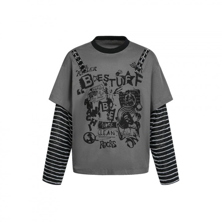 Damen Lagenlook-Longsleeve mit Grafikprint, gestreiften Einsatzärmeln und dekorativen Schulterträgern Echo Archiv