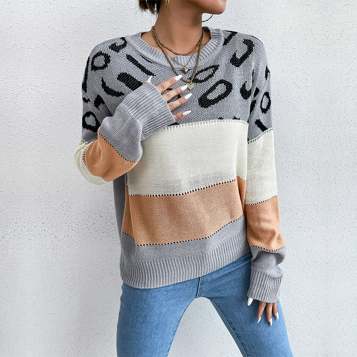 Damen Strickpullover mit Leopardenmuster und Blockstreifen Echoarchiv