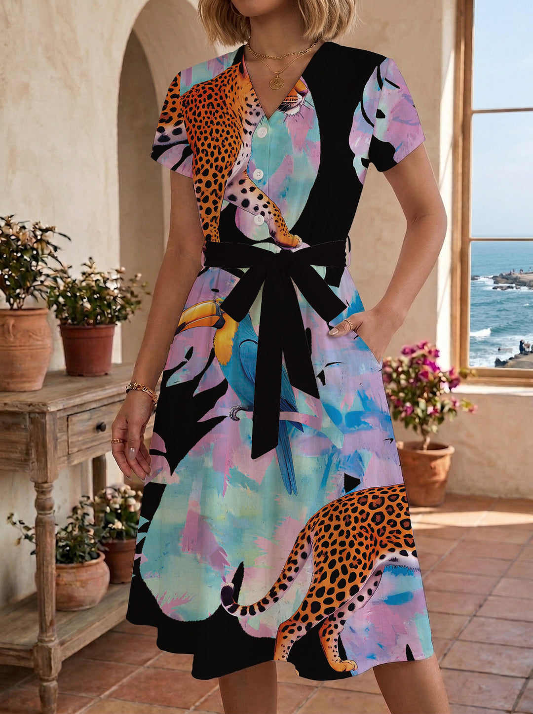 Damen Blühendes Midikleid mit taillierbarem Gürtel und kunstvollem Print Echo Archiv