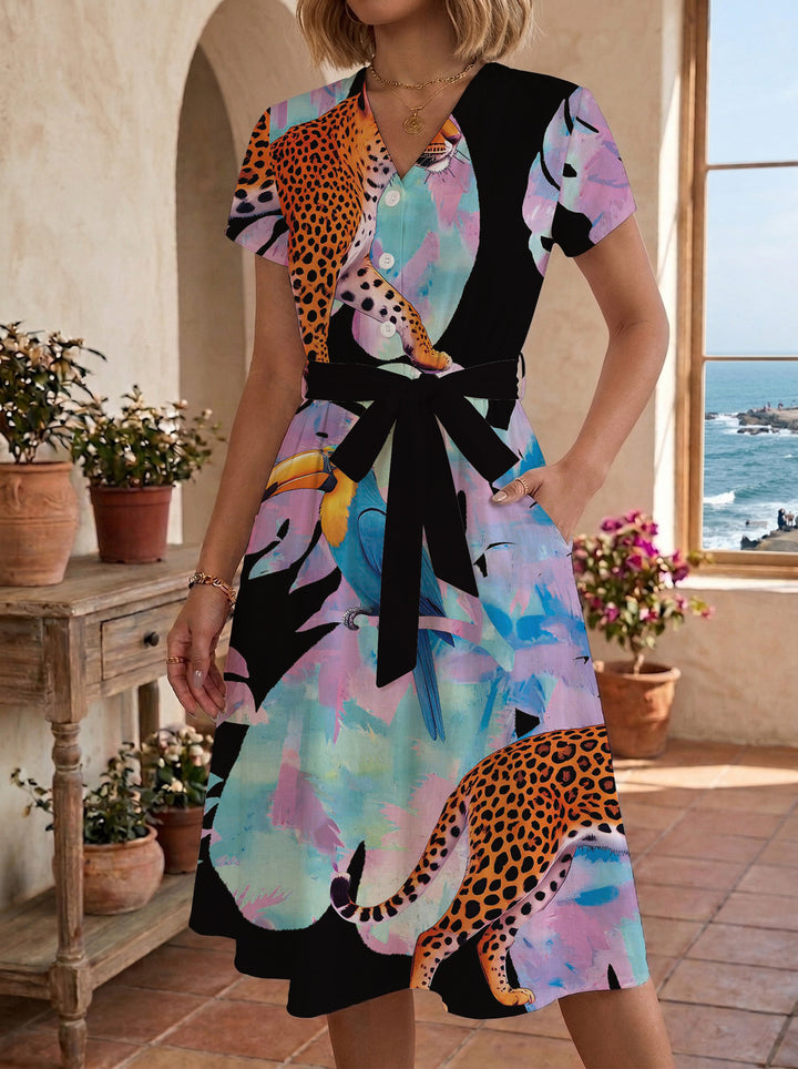 Damen Blühendes Midikleid mit taillierbarem Gürtel und kunstvollem Print Echo Archiv