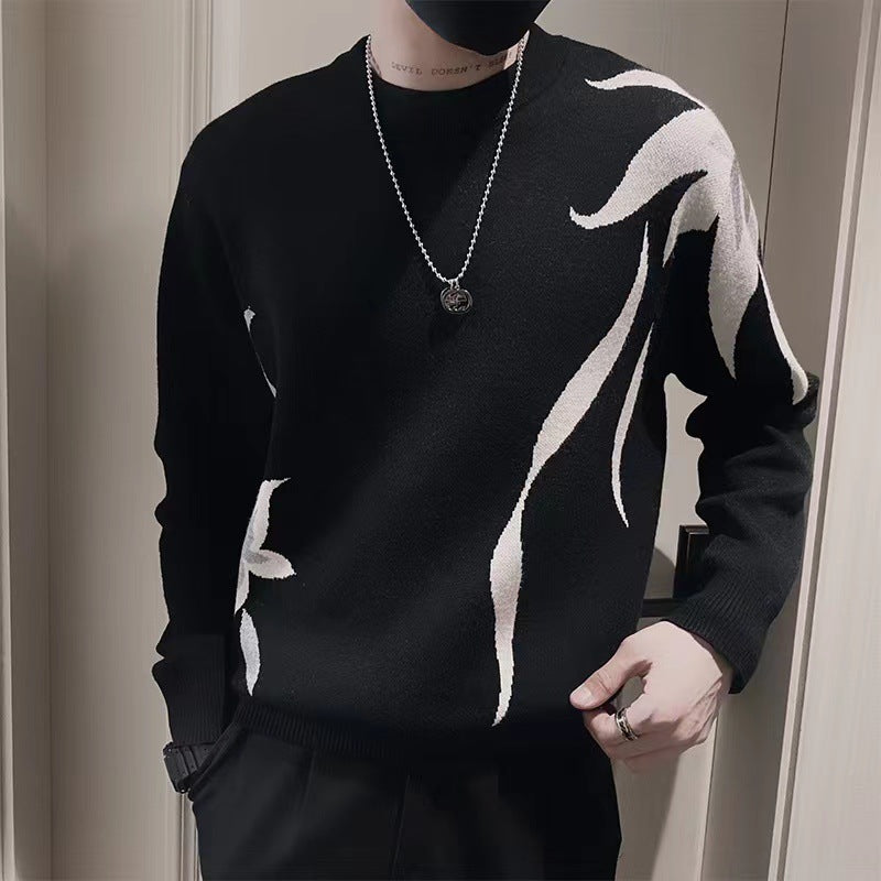 Herren Strickpullover mit abstraktem Flammen‑Jacquard und Rundhalsausschnitt Echoarchiv