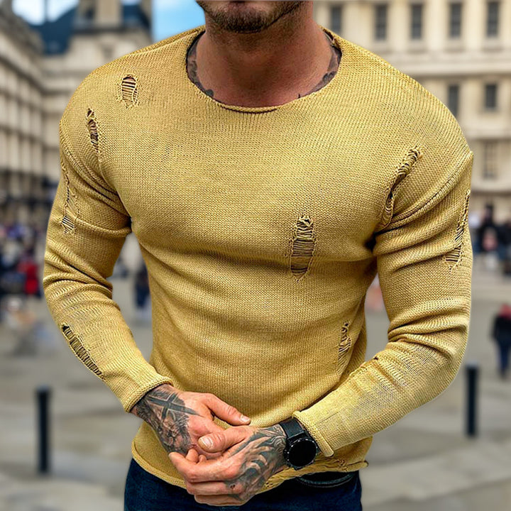 Herren Stylischer Rundhals Pullover mit ausgefransten Details Echoarchiv