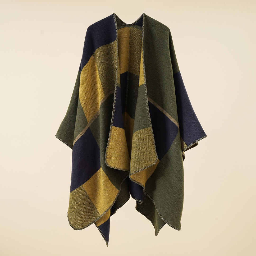 Damen Dreieckiger Strickponcho mit geometrischem Jacquardmuster und Ziernaht – Veloura