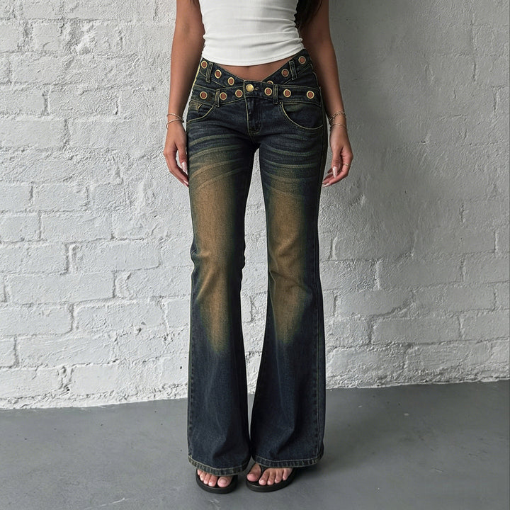 Damen weite Jeans mit modischem Schnitt und einzigartigen Knopfdetails Echo Archiv