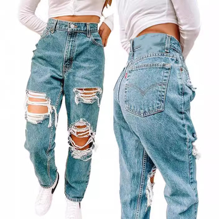Damen Vintage High-Waist Destroyed Jeans mit fransigen Details Echo Archiv