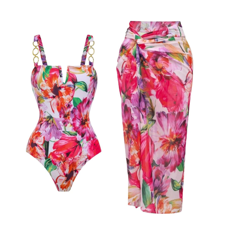 Damen eleganter Badeanzug mit floralem Wickelrock Echo Archiv