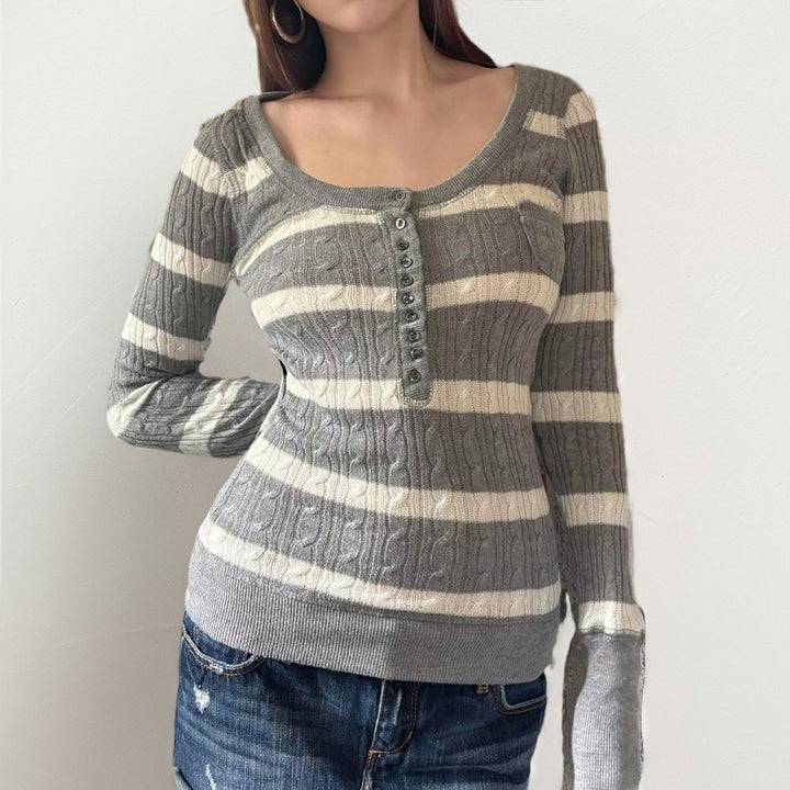 Damen Gestreifter Feinstrick-Pullover mit Zopfmuster und Knopfleiste Echo Archiv