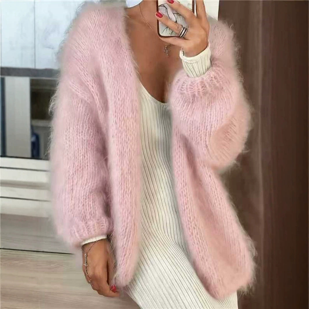 Damen Flauschiger Oversize Mohair-Optik Cardigan mit offenem Schnitt und Ballonärmeln – Veloura