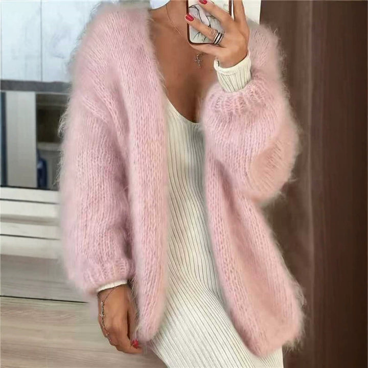 Damen Flauschiger Oversize Mohair-Optik Cardigan mit offenem Schnitt und Ballonärmeln – Veloura