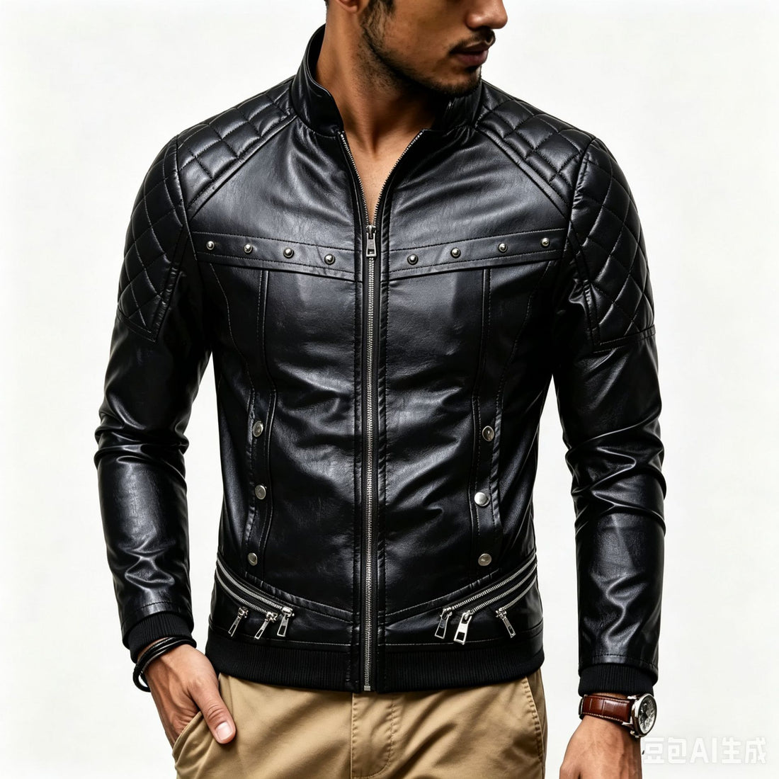Herren Biker-Lederjacke mit gesteppter Schulter, voluminösem Fellkragen und Zierreißverschlüssen Echo Archiv