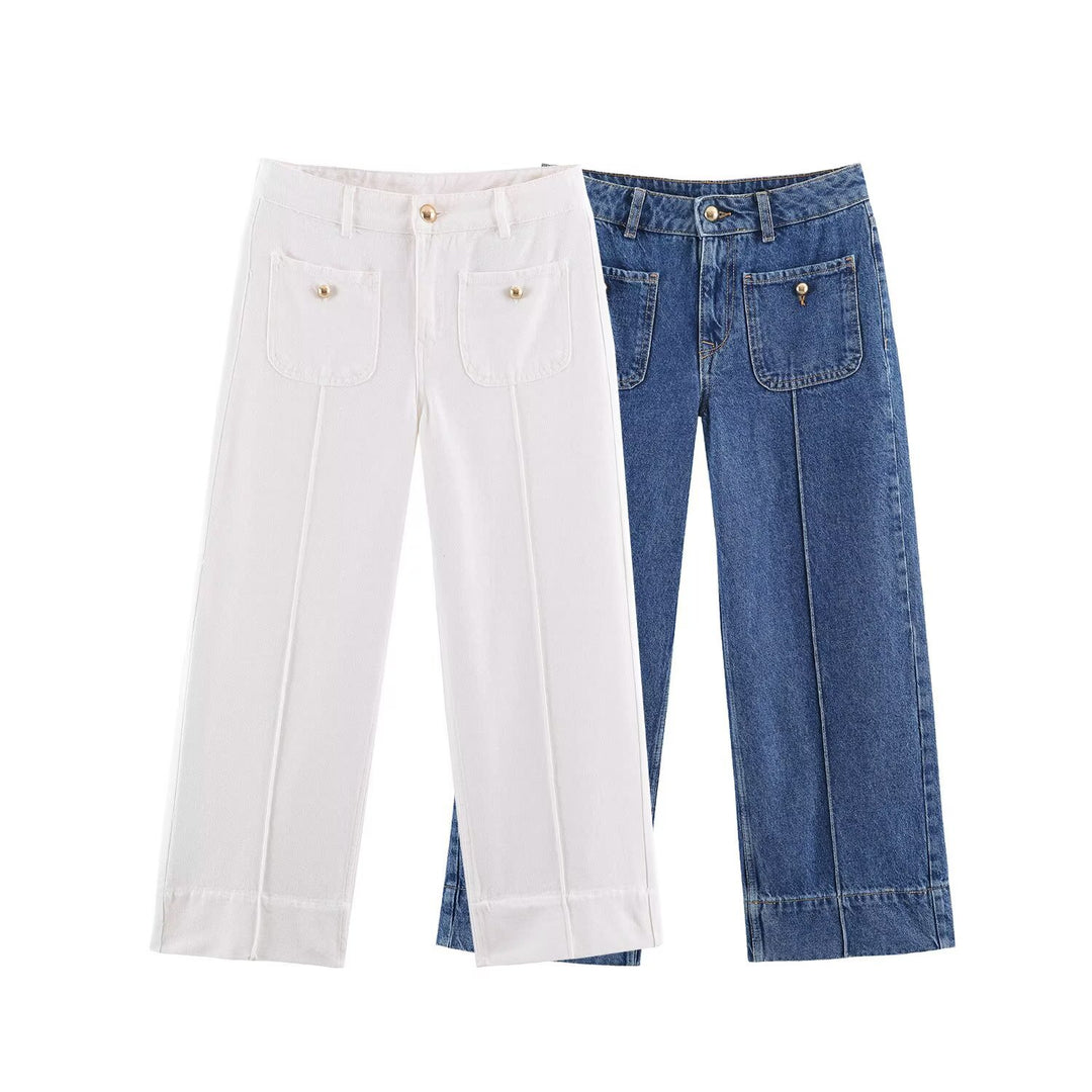 Damen Weite High‑Waist Jeans mit aufgesetzten Fronttaschen und Kantennaht Echo Archiv