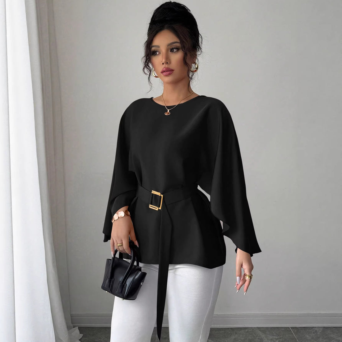 Damen Elegante Chiffon-Tunika mit Cape-Ärmeln und Taillengürtel – Élara
