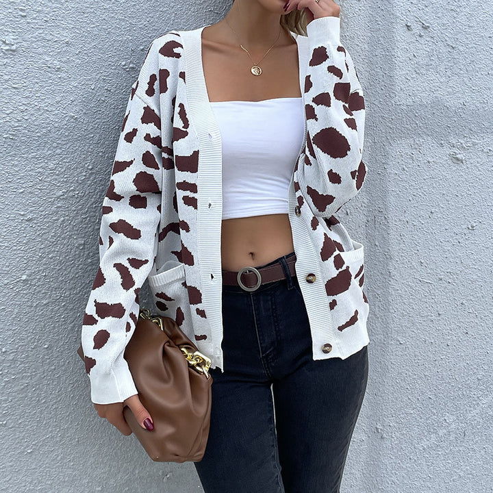 Damen Kurzgeschnittener V‑Ausschnitt Strickcardigan mit Animal‑Jacquard und Eingrifftaschen Echoarchiv