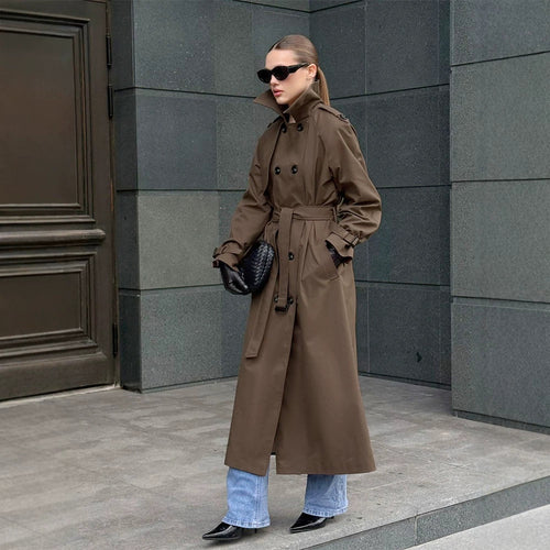 Damen Lang geschnittener wasserabweisender Trenchcoat mit hohem Stehkragen und Taillengürtel Echoarchiv
