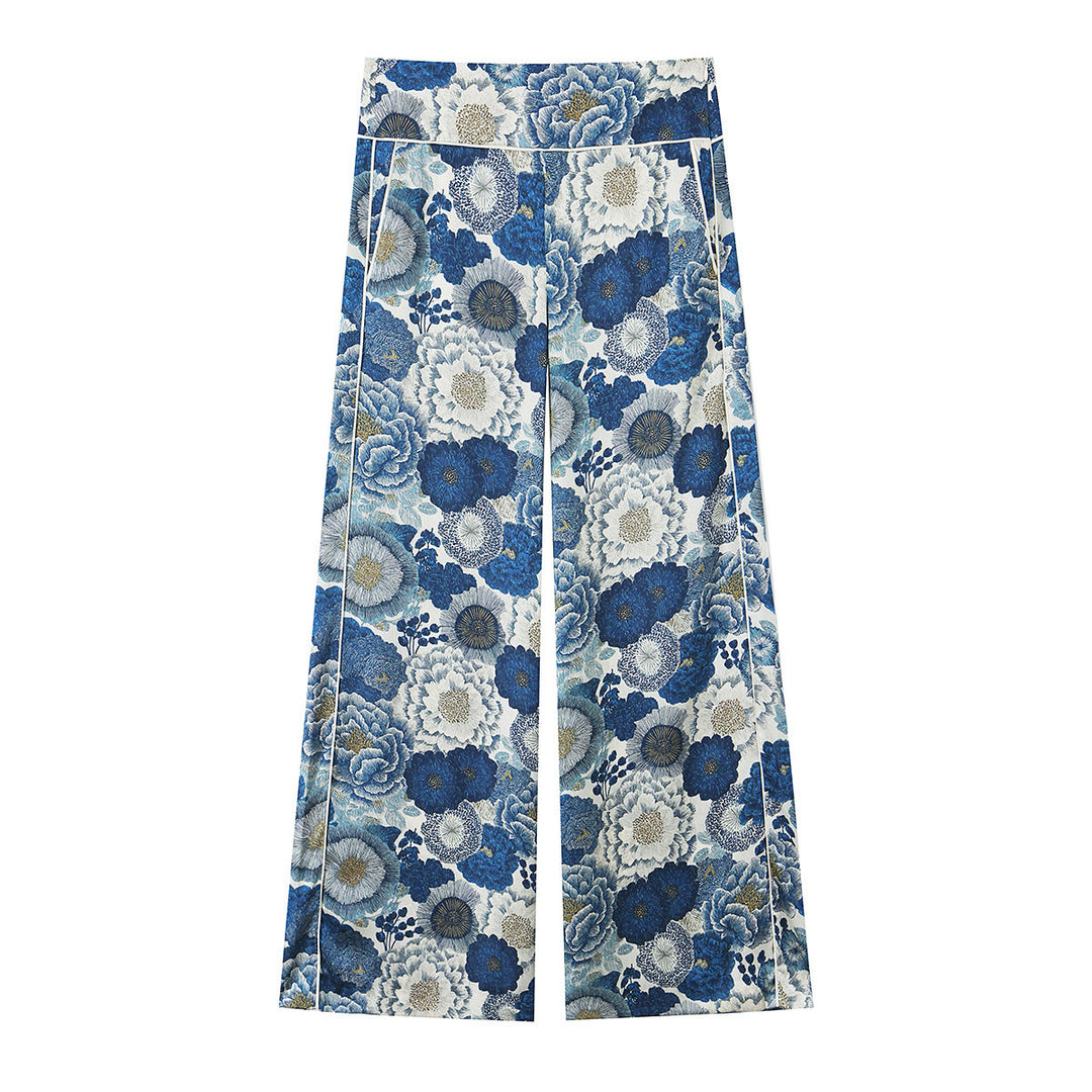 Damen Hochtaillierte weite Palazzohose mit floralem Jacquard-Print und Zierpaspeln Echo Archiv