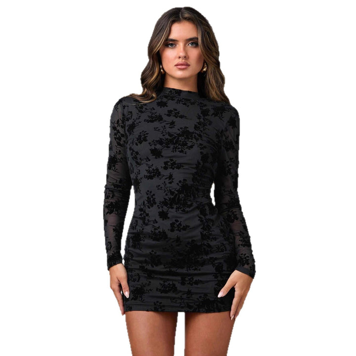 Damen nan figurbetontes Mesh-Minikleid mit floraler Samtflock-Verzierung, hohem Stehkragen und seitlicher Raffung Echo Archiv