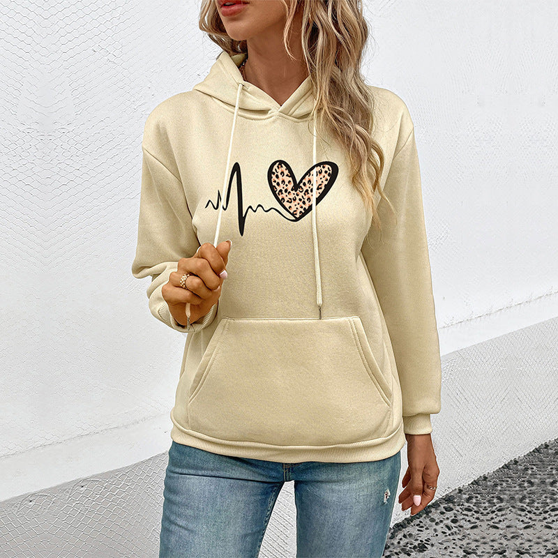 Damen Kapuzenpullover mit Herz‑EKG‑Print, Kängurutasche und lockerer Passform Echoarchiv