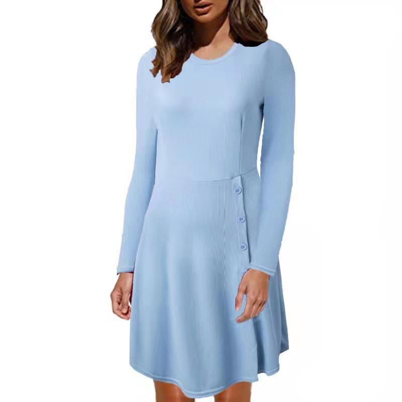 Damen Geripptes A‑Linien Kleid mit Rundhalsausschnitt, langen Ärmeln und seitlicher Knopfleiste – Lunéa